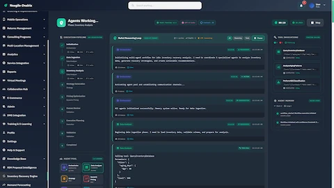 Illustrative preview (sample data, not verified outcomes): Agents Working view showing ReAct reasoning loop with chain-of-thought processing, execution pipeline stages, tool invocations, and agent memory.