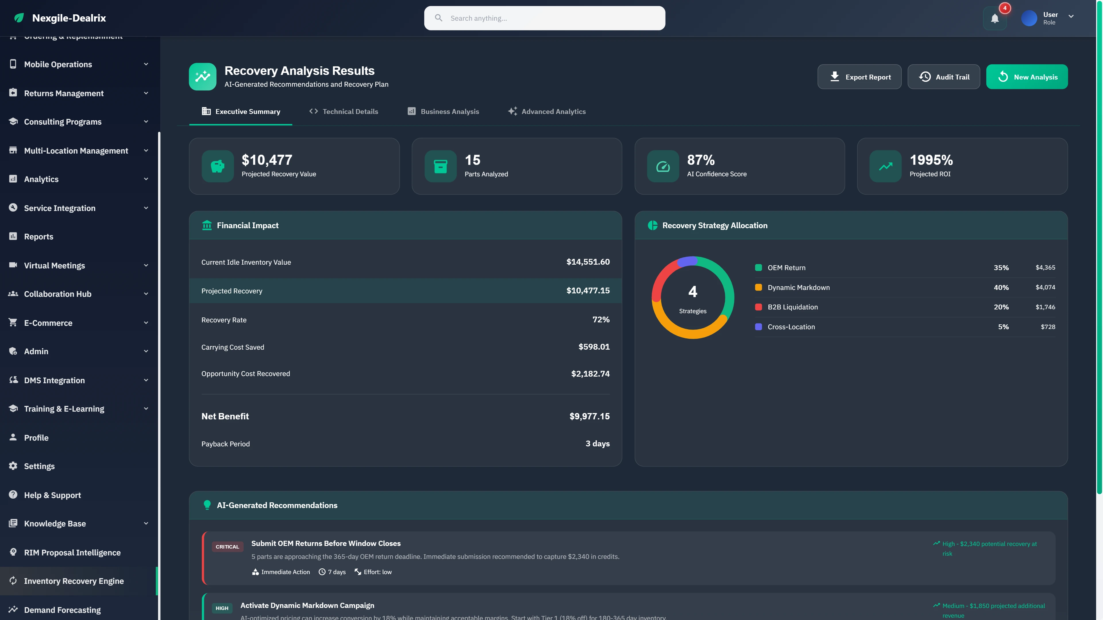 Illustrative preview (sample data, not verified outcomes): Recovery Analysis Results displaying projected recovery value, financial impact breakdown, strategy allocation chart, and AI-generated recommendations.