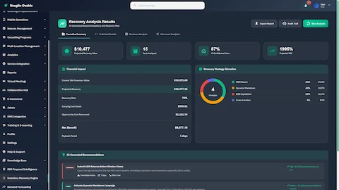 Illustrative preview (sample data, not verified outcomes): Recovery Analysis Results displaying projected recovery value, financial impact breakdown, strategy allocation chart, and AI-generated recommendations.