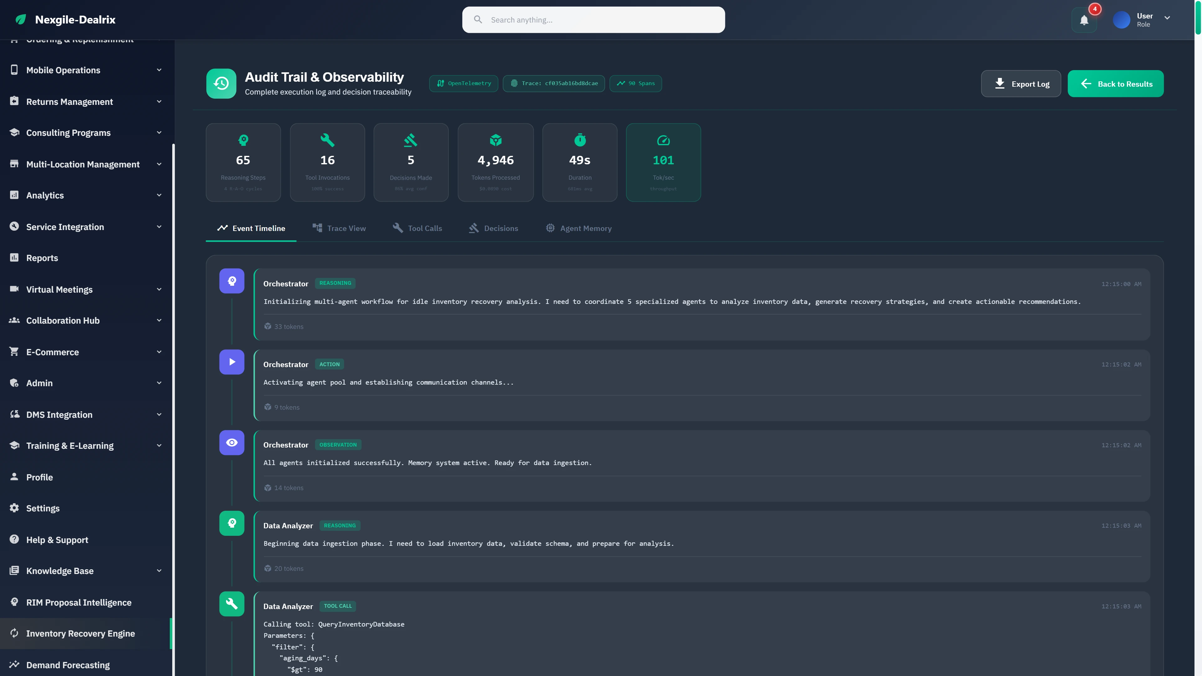Illustrative preview (sample data, not verified outcomes): Audit Trail & Observability showing 65 reasoning steps, 16 tool invocations, 5 decisions made, with detailed event timeline and agent traces.
