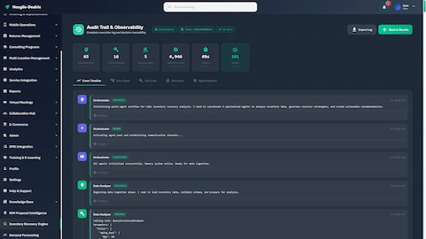 Illustrative preview (sample data, not verified outcomes): Audit Trail & Observability showing 65 reasoning steps, 16 tool invocations, 5 decisions made, with detailed event timeline and agent traces.