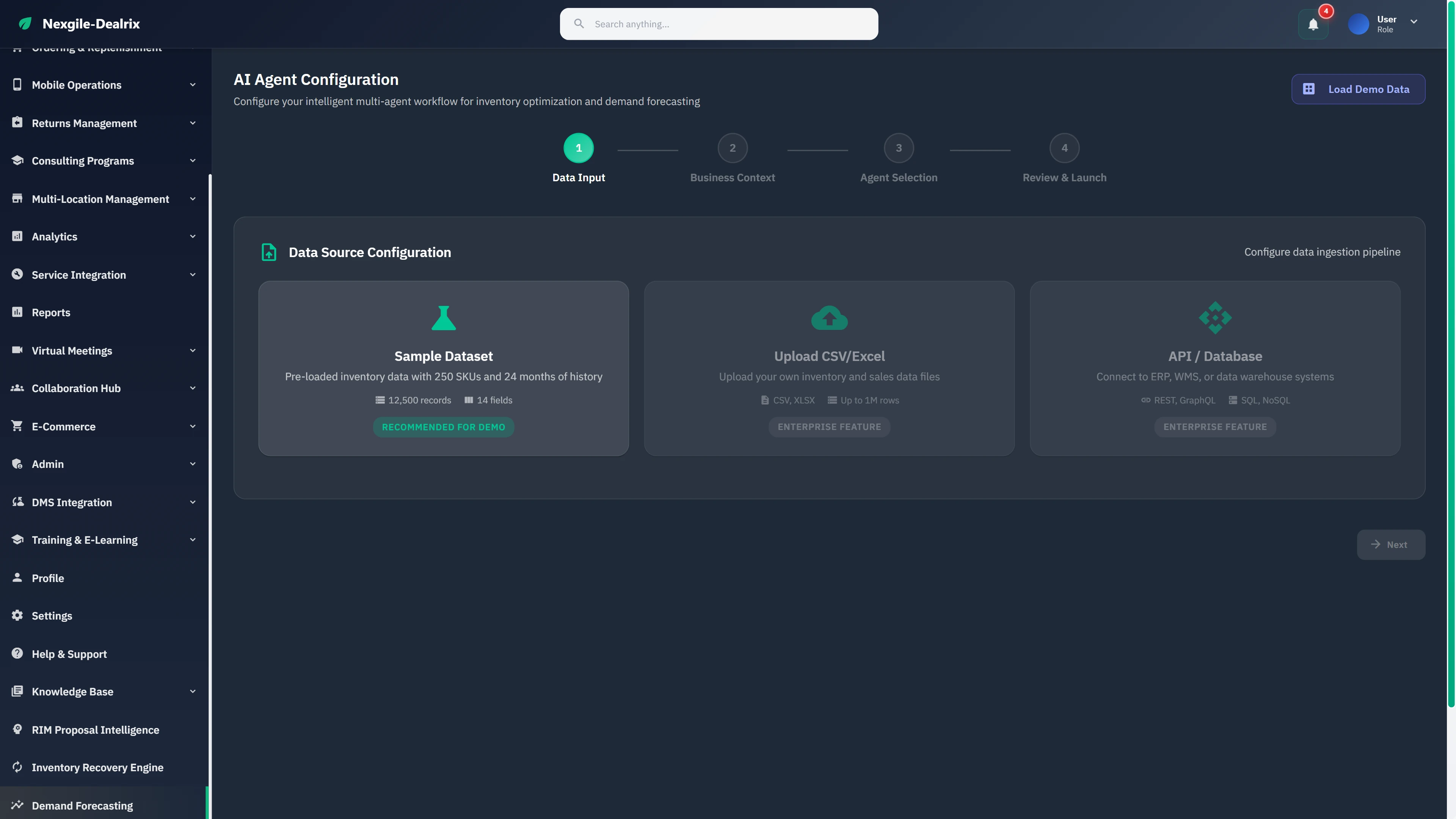 Illustrative preview (sample data, not verified outcomes): AI Agent Configuration wizard for inventory optimization with data source selection including sample dataset (12,500 records), CSV upload, and API/database connections.