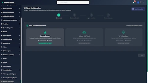 Illustrative preview (sample data, not verified outcomes): AI Agent Configuration wizard for inventory optimization with data source selection including sample dataset (12,500 records), CSV upload, and API/database connections.