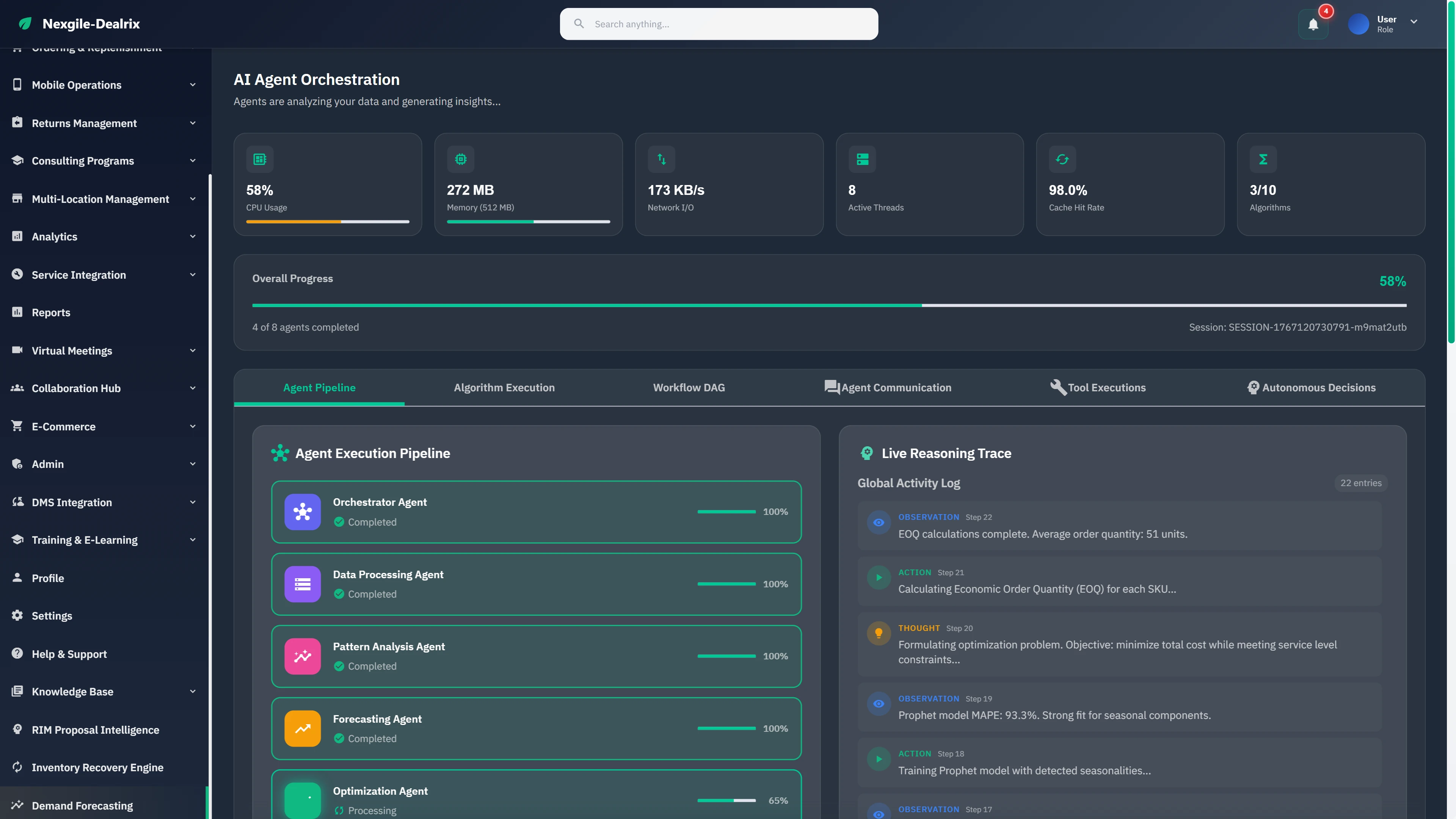 Illustrative preview (sample data, not verified outcomes): AI Agent Orchestration showing live pipeline progress at 58%, agent execution status, system resource metrics, and real-time reasoning trace with EOQ calculations.