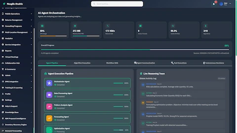 Illustrative preview (sample data, not verified outcomes): AI Agent Orchestration showing live pipeline progress at 58%, agent execution status, system resource metrics, and real-time reasoning trace with EOQ calculations.