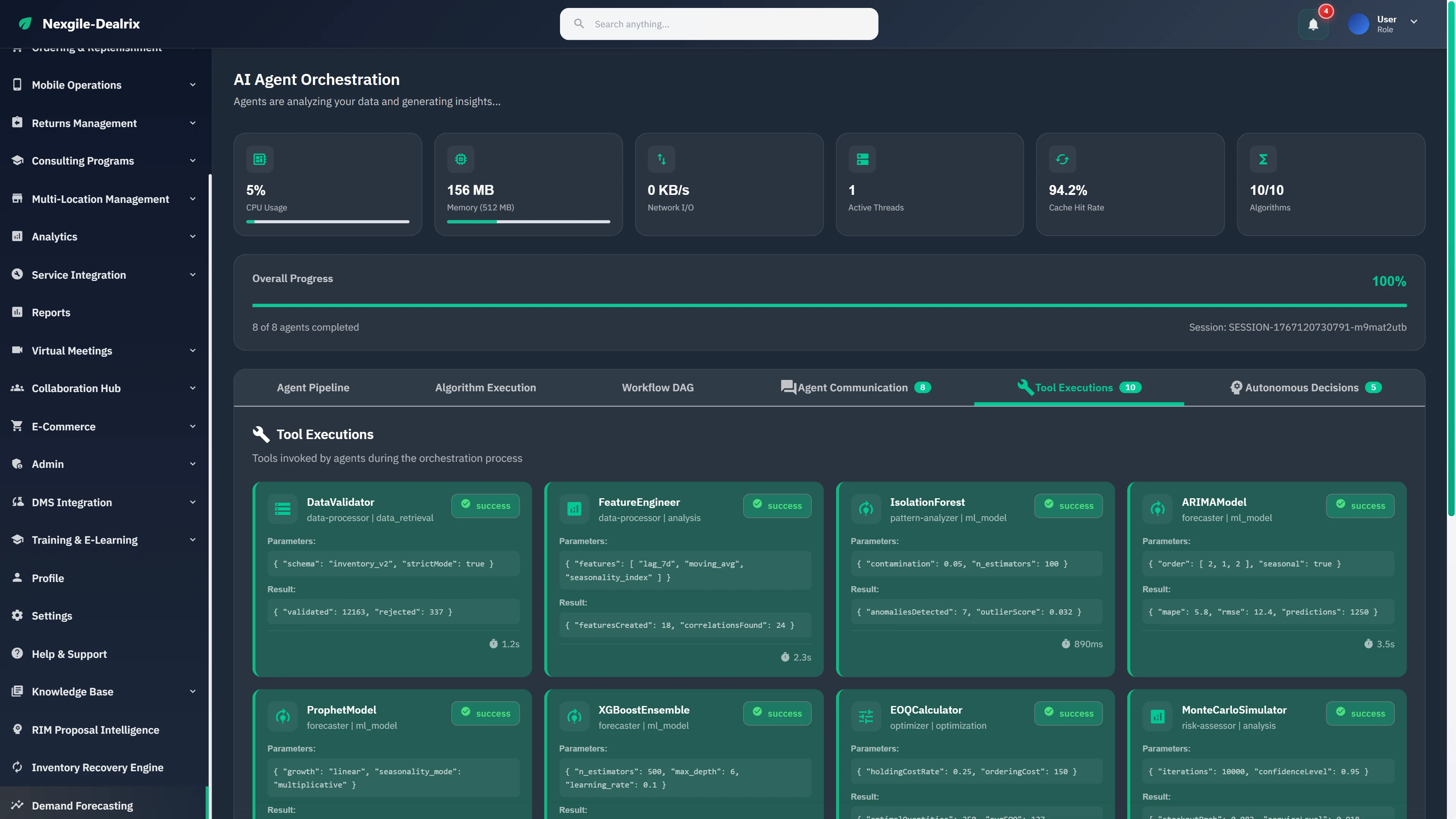 Illustrative preview (sample data, not verified outcomes): Tool Executions view with 10/10 algorithms completed including DataValidator, FeatureEngineer, IsolationForest, ProphetModel, XGBoostEnsemble, and MonteCarloSimulator.