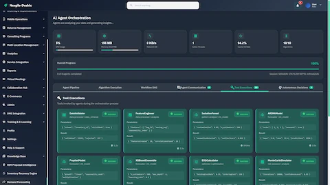 Illustrative preview (sample data, not verified outcomes): Tool Executions view with 10/10 algorithms completed including DataValidator, FeatureEngineer, IsolationForest, ProphetModel, XGBoostEnsemble, and MonteCarloSimulator.