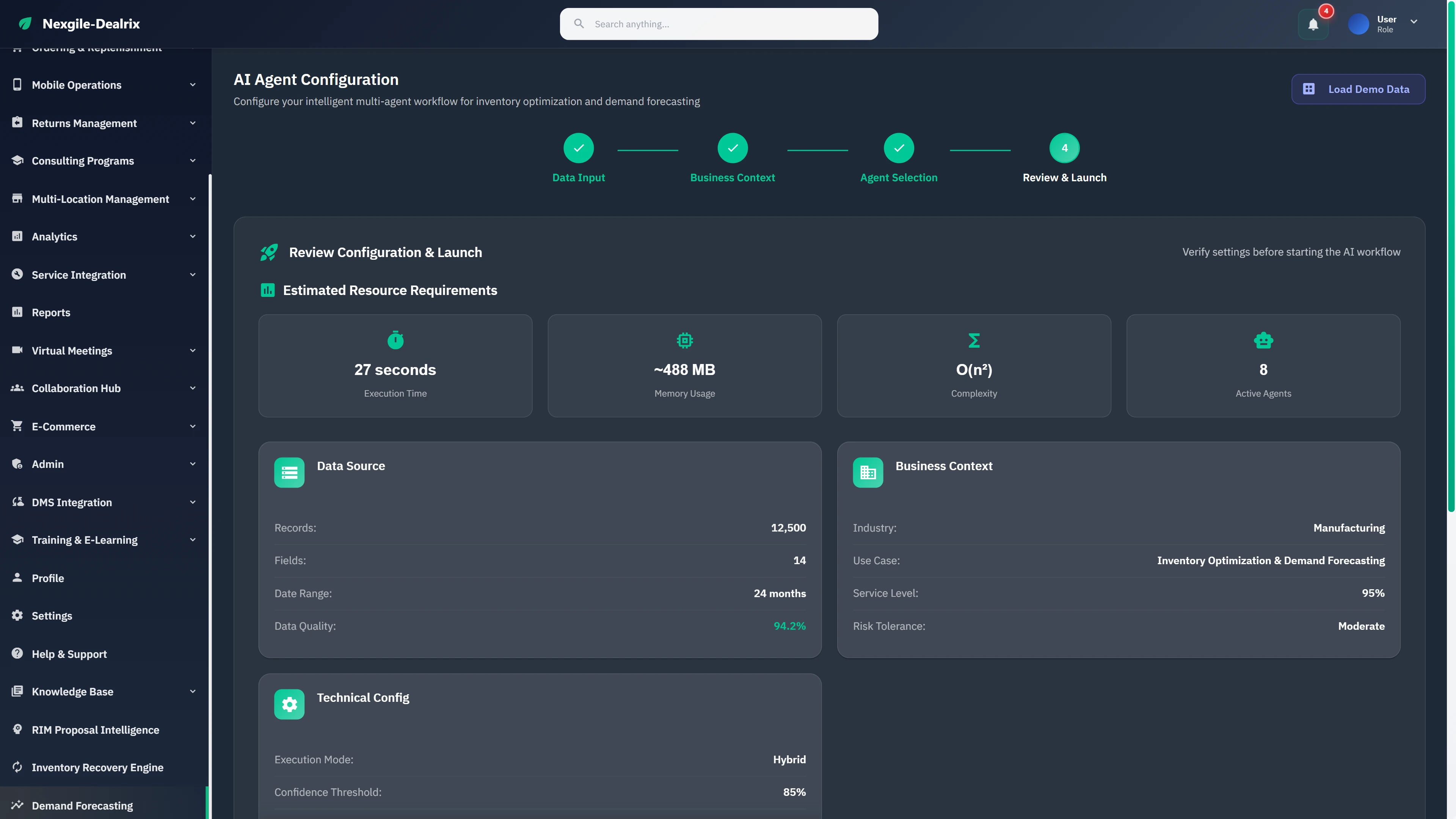 Illustrative preview (sample data, not verified outcomes): Review Configuration & Launch summary showing estimated resources (27s execution, 488MB memory), data source details, and business context for manufacturing use case.