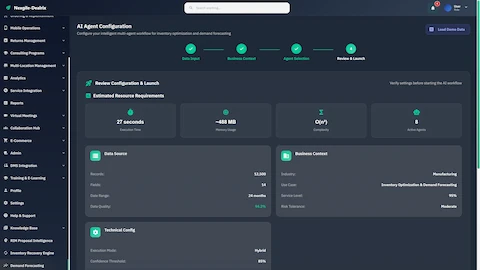 Illustrative preview (sample data, not verified outcomes): Review Configuration & Launch summary showing estimated resources (27s execution, 488MB memory), data source details, and business context for manufacturing use case.