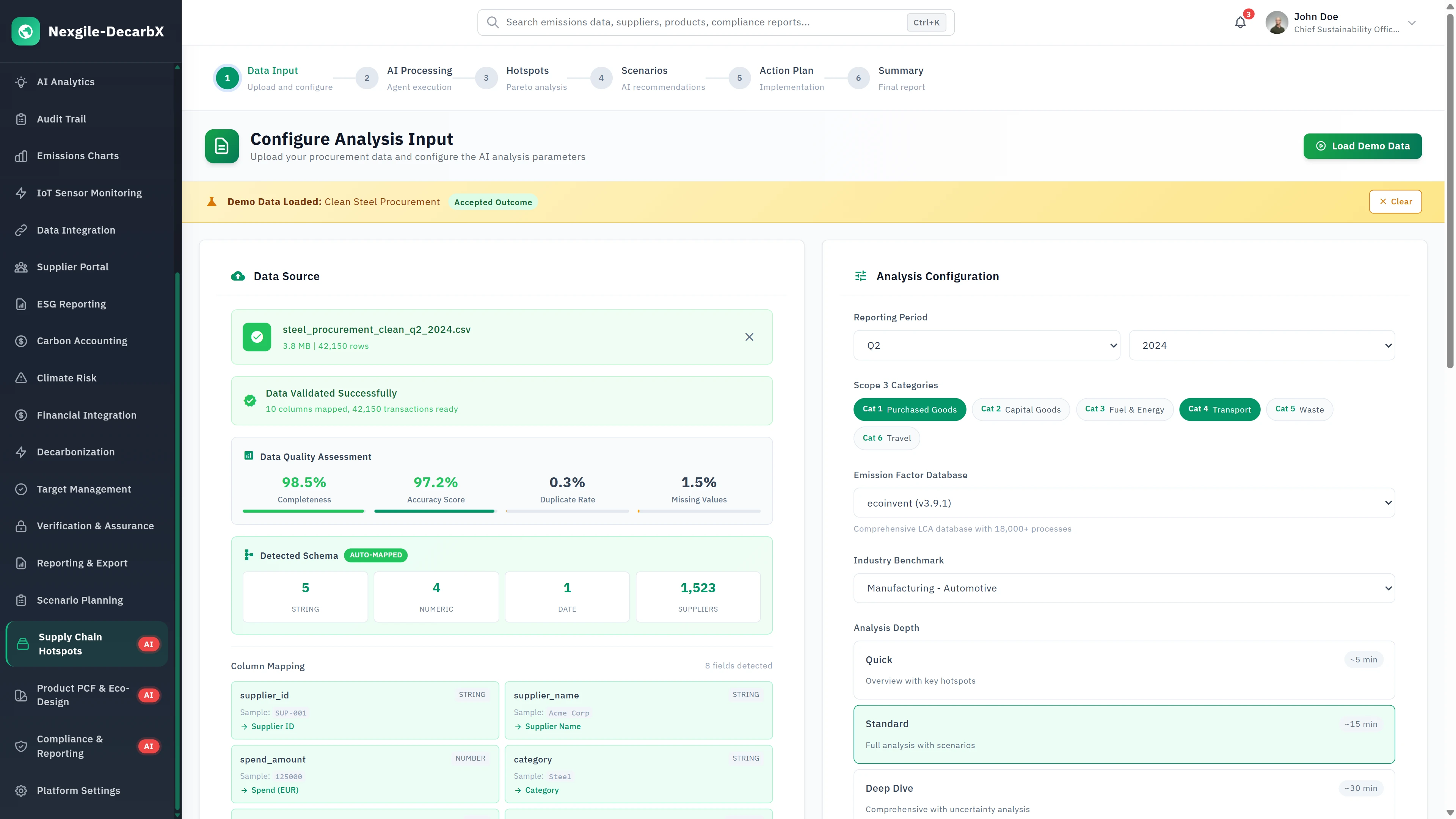 Illustrative preview (sample data, not verified outcomes): Configure Analysis Input - Data source upload with validation metrics, column mapping, and analysis configuration for Scope 3 emissions categories.