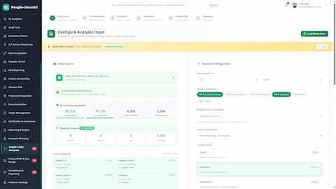 Illustrative preview (sample data, not verified outcomes): Configure Analysis Input - Data source upload with validation metrics, column mapping, and analysis configuration for Scope 3 emissions categories.