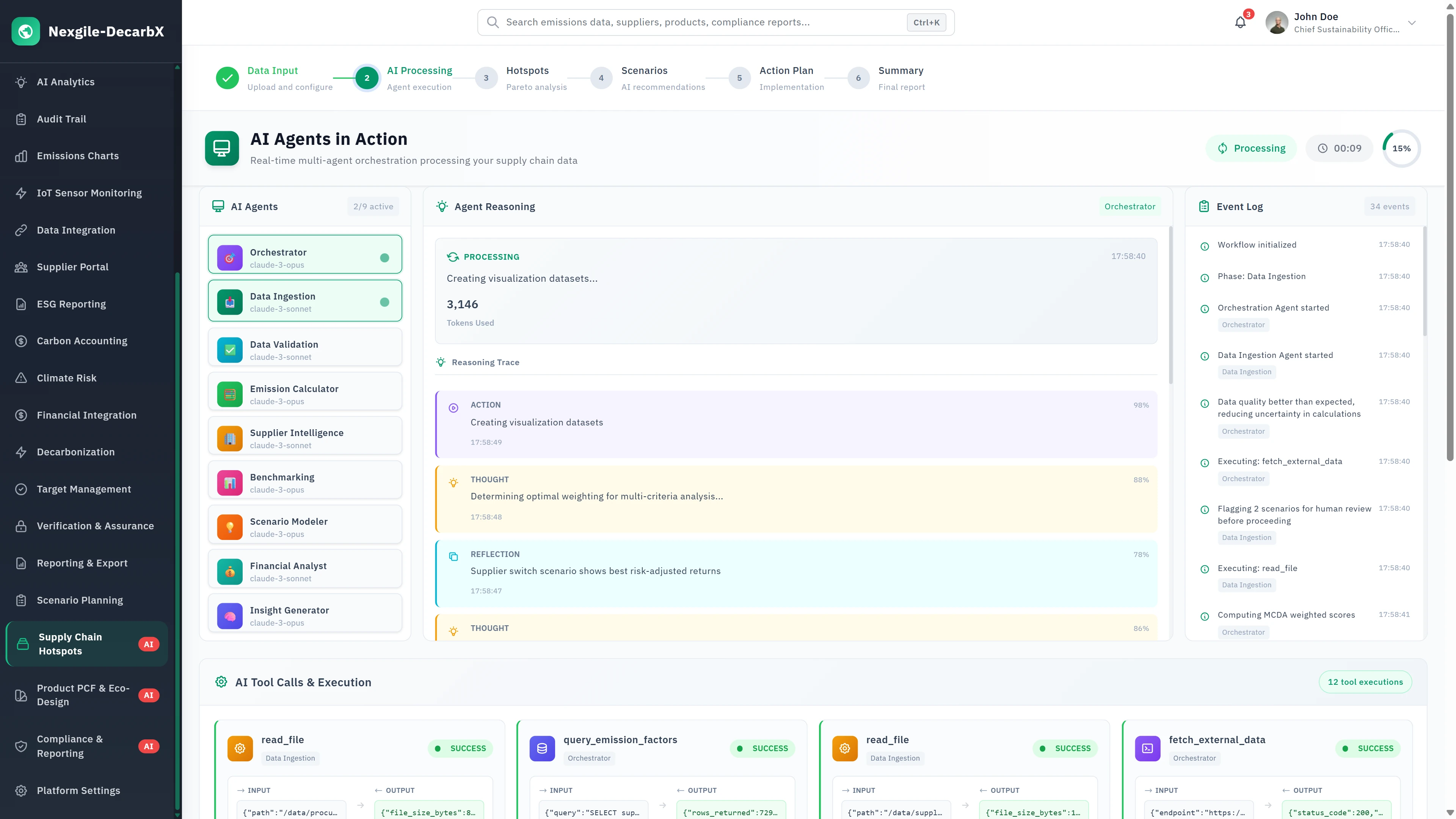 Illustrative preview (sample data, not verified outcomes): AI Agents In Action - Real-time multi-agent orchestration showing agent reasoning, tool calls execution, and event log tracking.