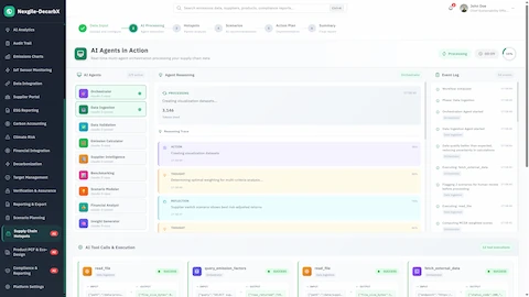Illustrative preview (sample data, not verified outcomes): AI Agents In Action - Real-time multi-agent orchestration showing agent reasoning, tool calls execution, and event log tracking.