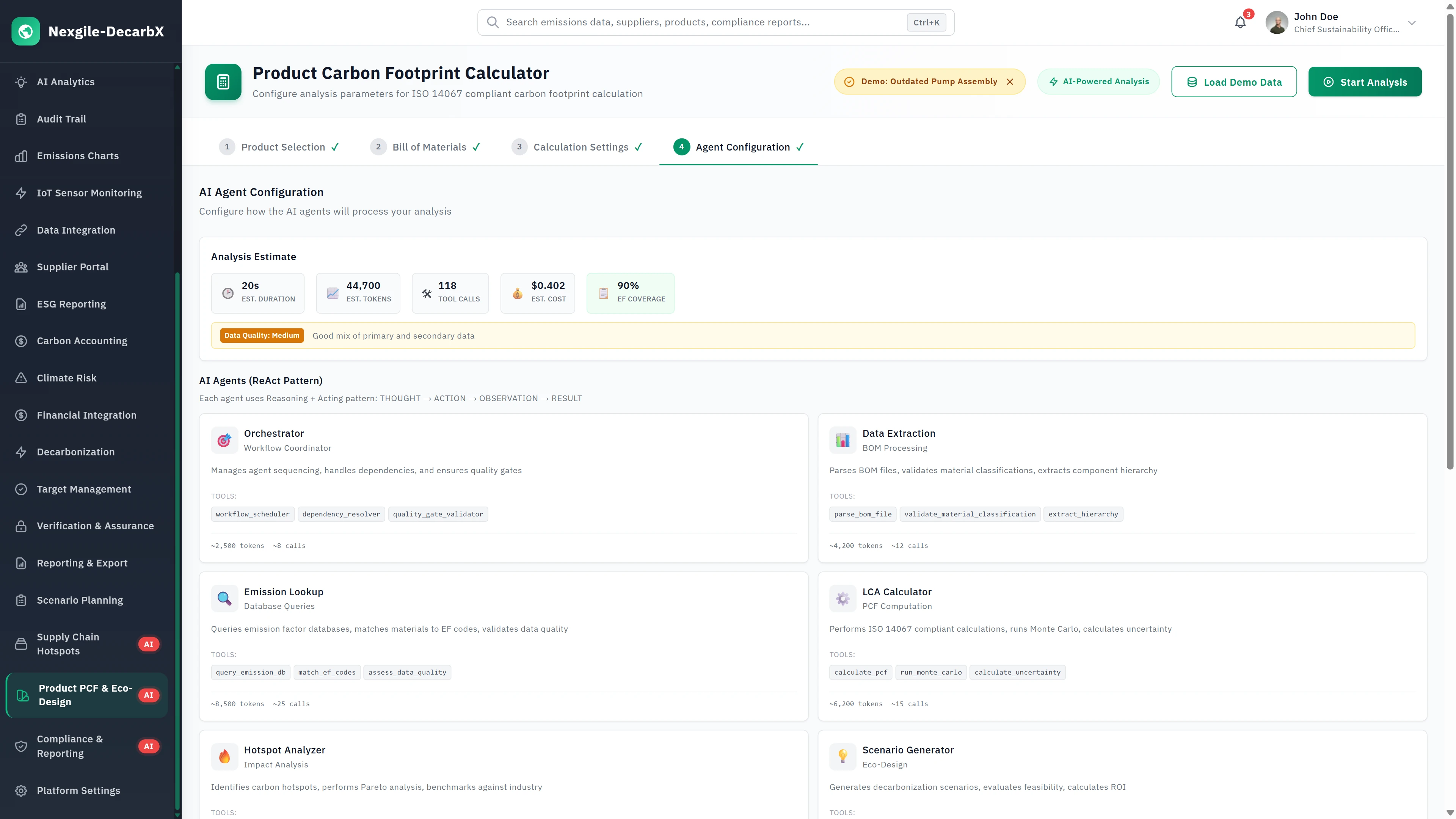 Illustrative preview (sample data, not verified outcomes): Product Carbon Footprint Calculator - AI agent configuration interface showing analysis estimate, agent workflow setup, and specialized agents for BOM processing.