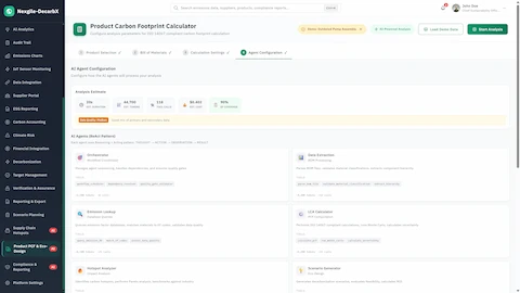 Illustrative preview (sample data, not verified outcomes): Product Carbon Footprint Calculator - AI agent configuration interface showing analysis estimate, agent workflow setup, and specialized agents for BOM processing.