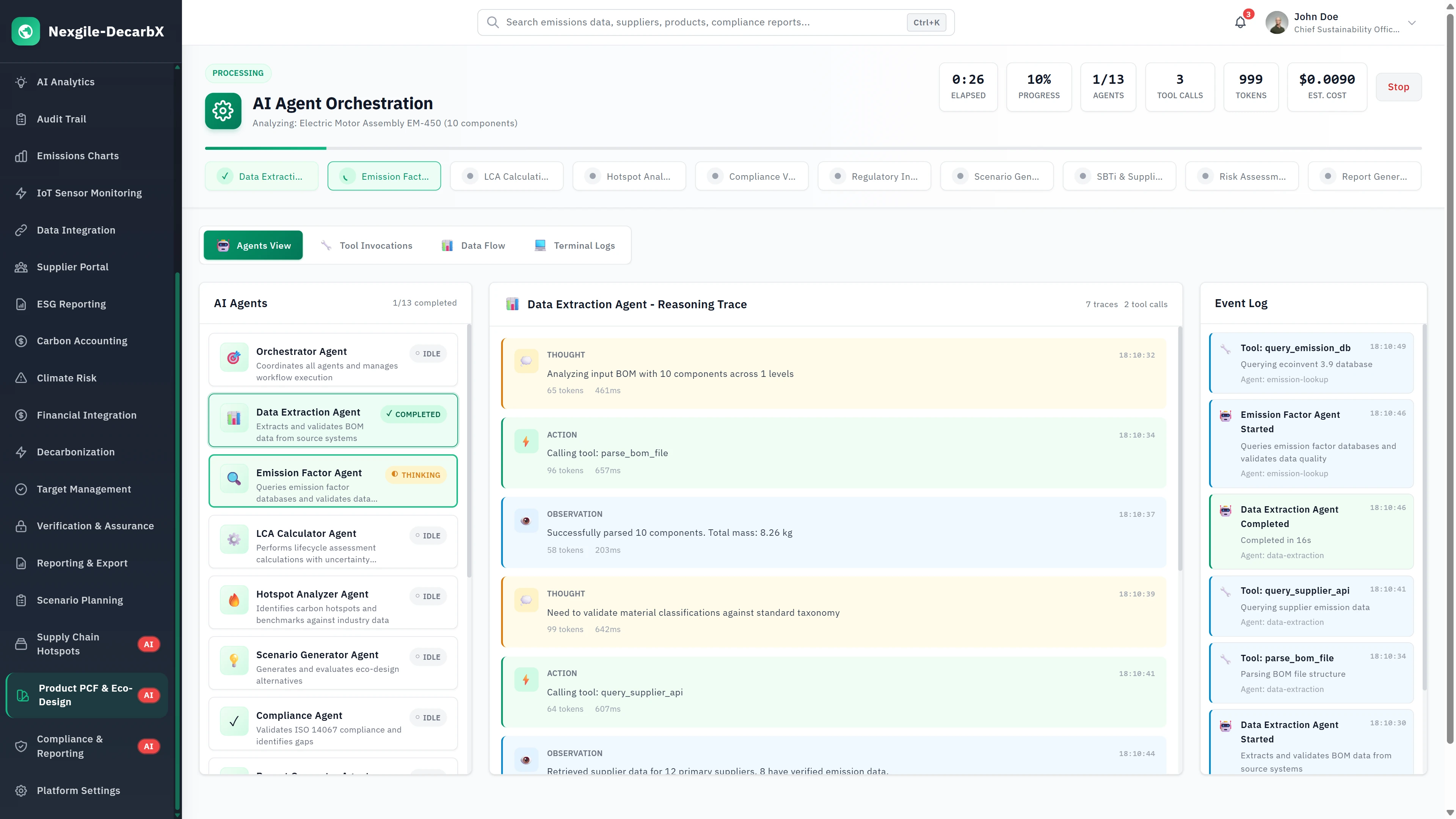 Illustrative preview (sample data, not verified outcomes): AI Agent Orchestration - Real-time execution view with Data Extraction Agent reasoning trace, agent status indicators, and event log tracking progress.