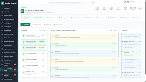 Illustrative preview (sample data, not verified outcomes): AI Agent Orchestration - Real-time execution view with Data Extraction Agent reasoning trace, agent status indicators, and event log tracking progress.