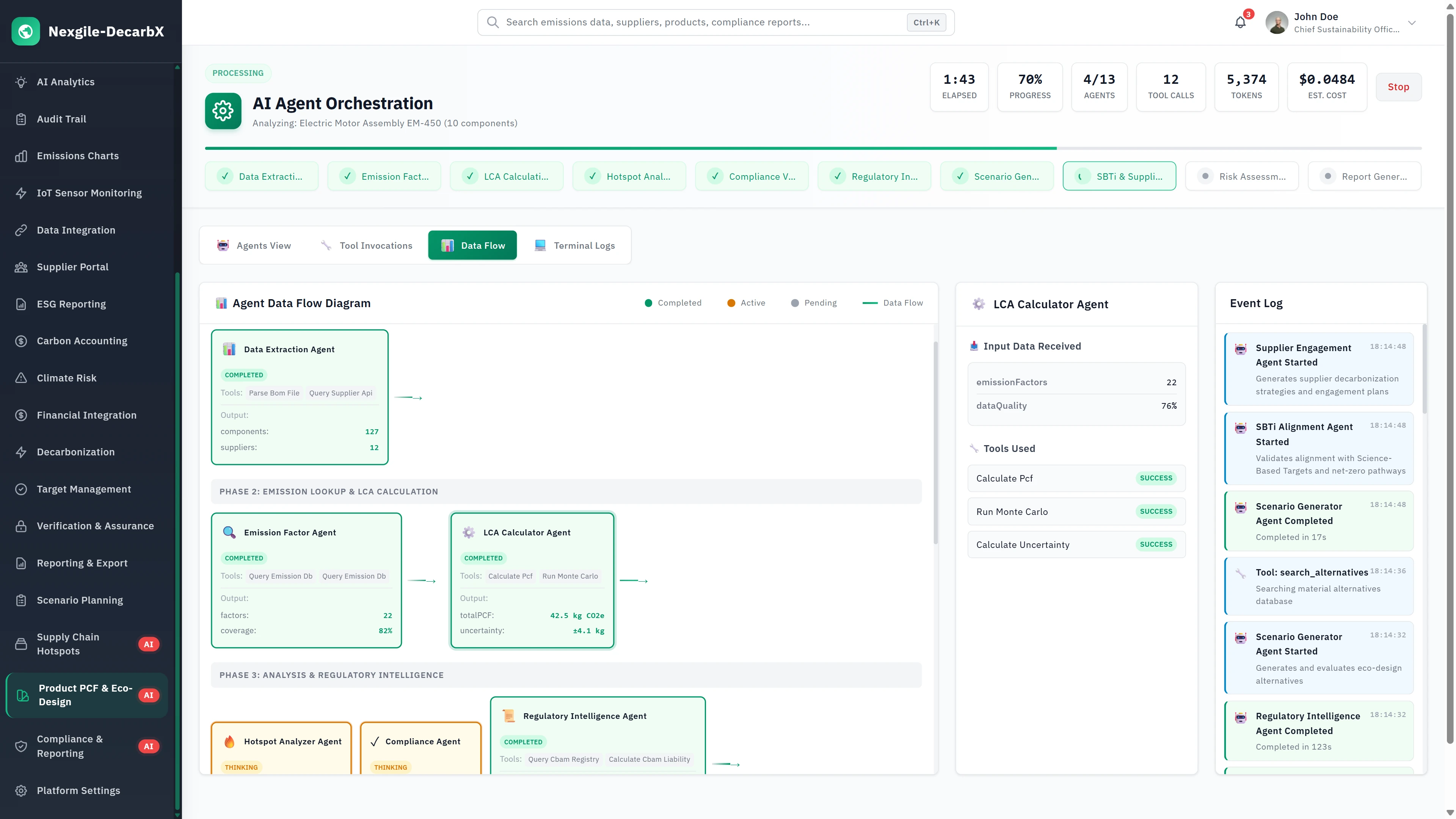 Illustrative preview (sample data, not verified outcomes): Agent Data Flow Diagram - Visual workflow showing agent dependencies from data extraction through LCA calculation, compliance, and regulatory intelligence stages.