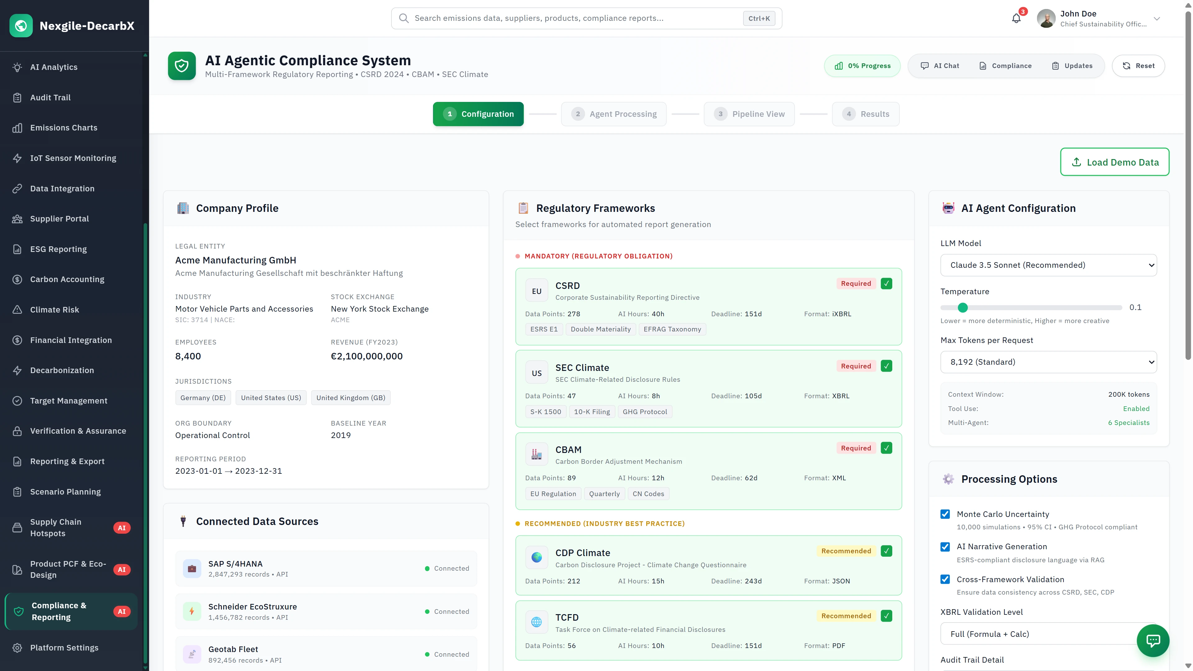 Illustrative preview (sample data, not verified outcomes): AI Agentic Compliance System - Configuration interface with company profile, connected data sources, regulatory frameworks (CSRD, SEC, CBAM, CDP, TCFD), and AI agent settings.