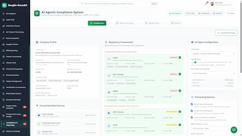 Illustrative preview (sample data, not verified outcomes): AI Agentic Compliance System - Configuration interface with company profile, connected data sources, regulatory frameworks (CSRD, SEC, CBAM, CDP, TCFD), and AI agent settings.