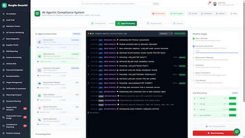 Illustrative preview (sample data, not verified outcomes): Agent Processing - Live execution view showing orchestrator coordinating multiple agents, terminal log output, pipeline stages, and tool executions in progress.