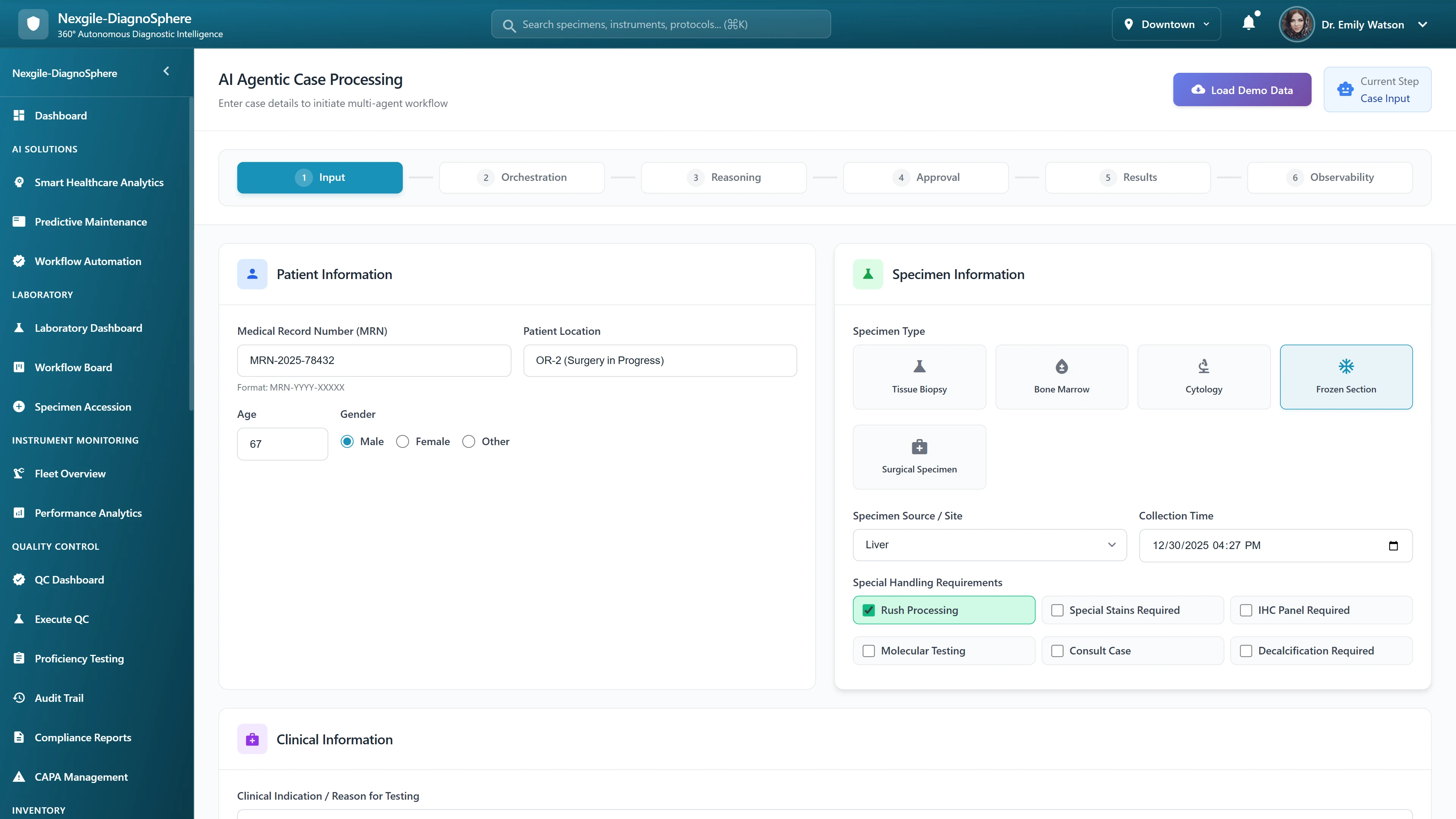 Illustrative preview (sample data, not verified outcomes): Case Input Interface - Patient demographics, specimen type selection, and clinical information entry for AI triage workflow