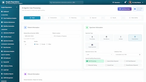 Illustrative preview (sample data, not verified outcomes): Case Input Interface - Patient demographics, specimen type selection, and clinical information entry for AI triage workflow