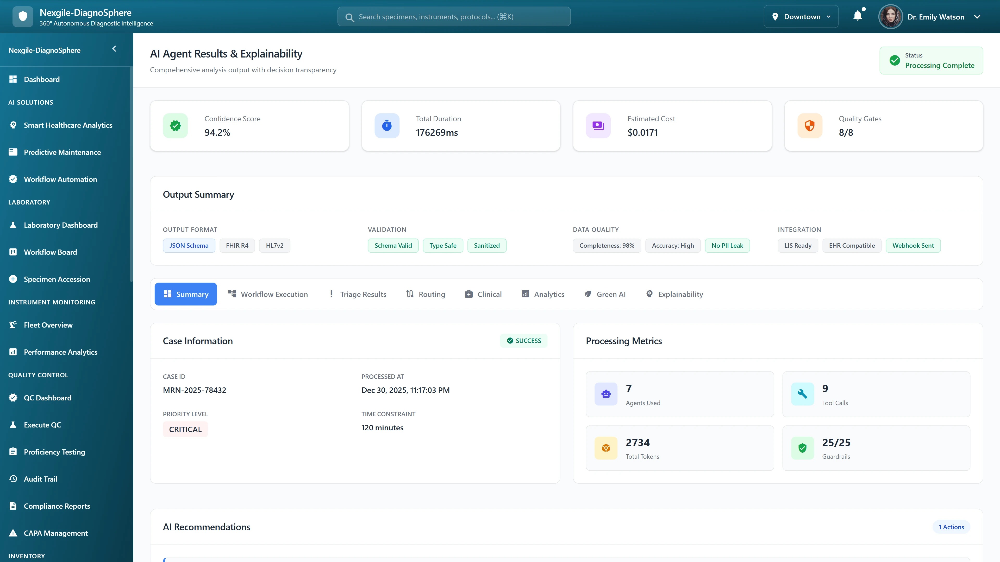 Illustrative preview (sample data, not verified outcomes): Results and Explainability Dashboard - Comprehensive case analysis with confidence scores, processing metrics, and quality gates
