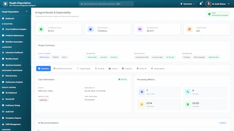 Illustrative preview (sample data, not verified outcomes): Results and Explainability Dashboard - Comprehensive case analysis with confidence scores, processing metrics, and quality gates