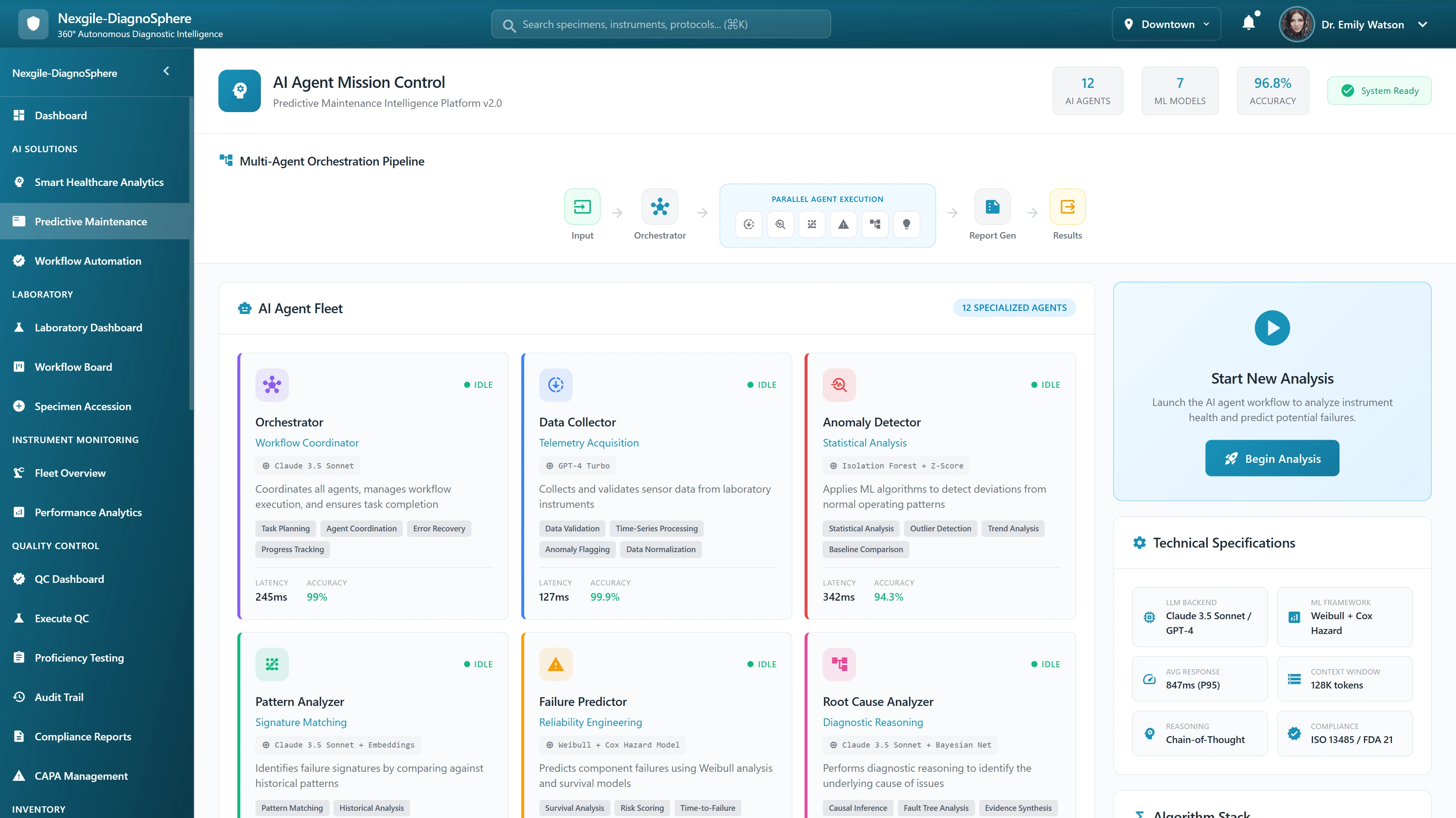 Illustrative preview (sample data, not verified outcomes): Mission Control Overview - 12-agent fleet displaying specialized capabilities for predictive maintenance analysis