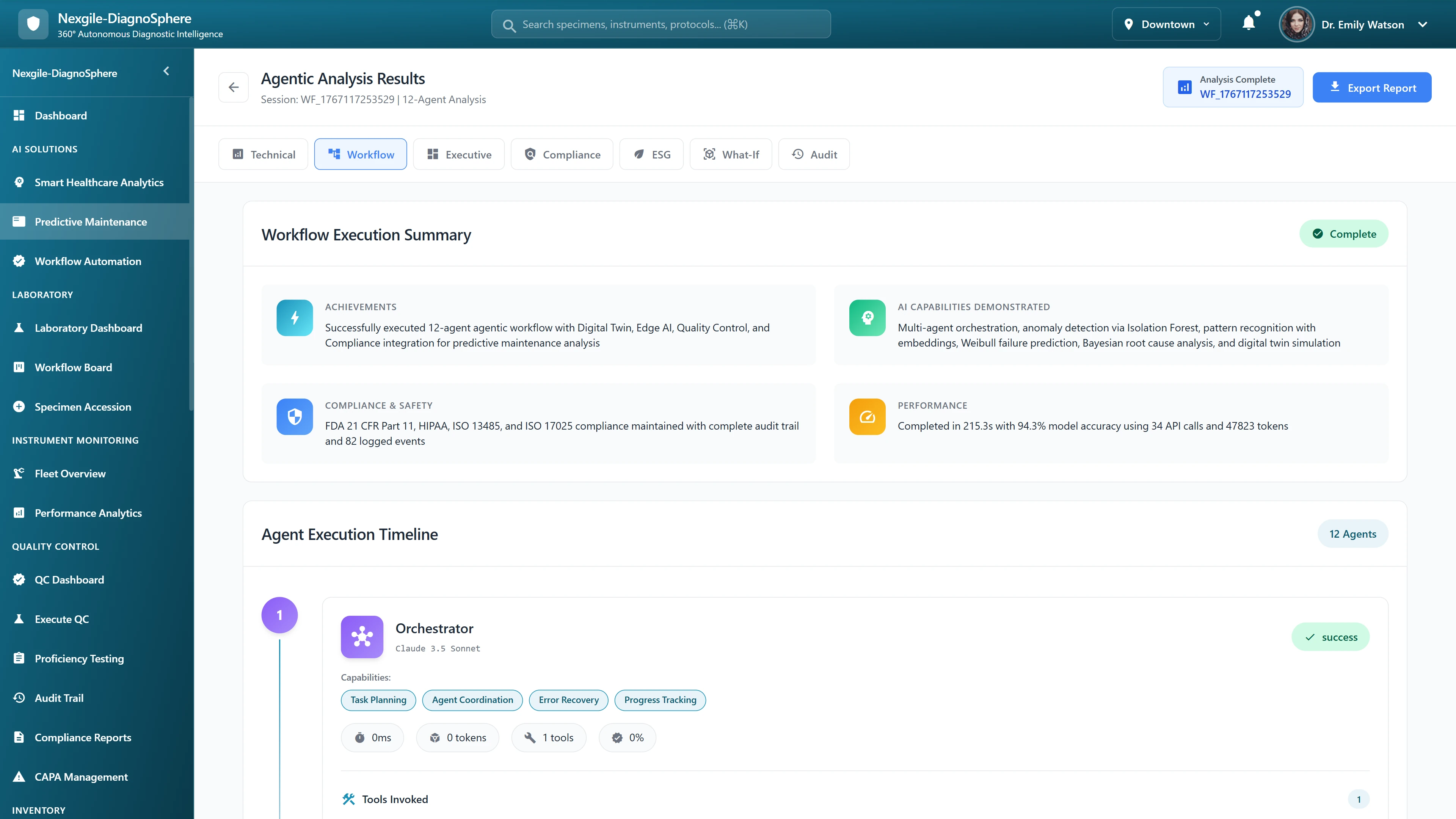 Illustrative preview (sample data, not verified outcomes): Workflow Execution Summary - Compliance documentation, AI capabilities demonstrated, and agent execution timeline