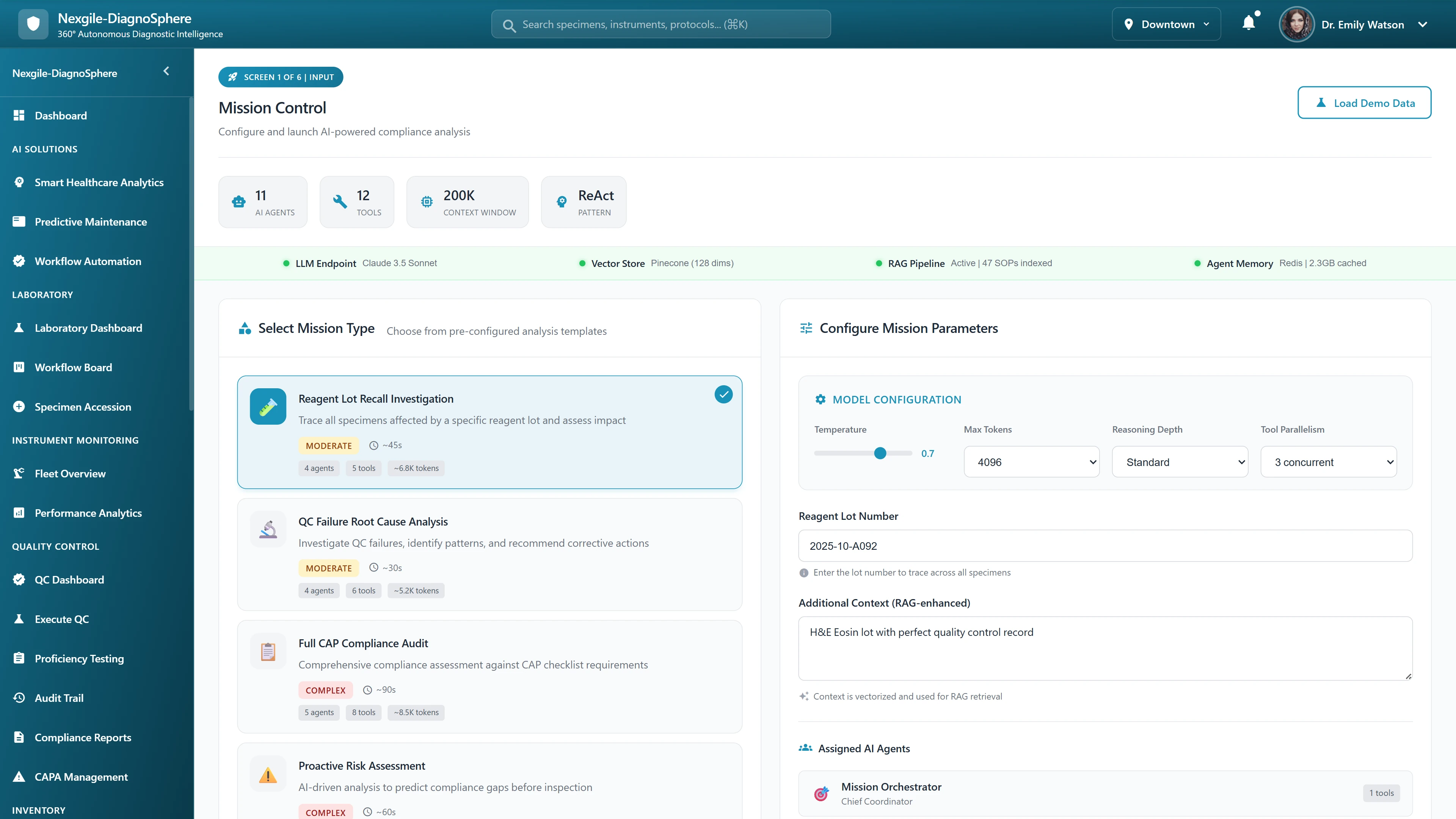 Illustrative preview (sample data, not verified outcomes): Mission Control Interface - Mission type selection and configuration for compliance analysis workflows