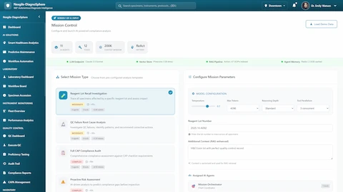 Illustrative preview (sample data, not verified outcomes): Mission Control Interface - Mission type selection and configuration for compliance analysis workflows