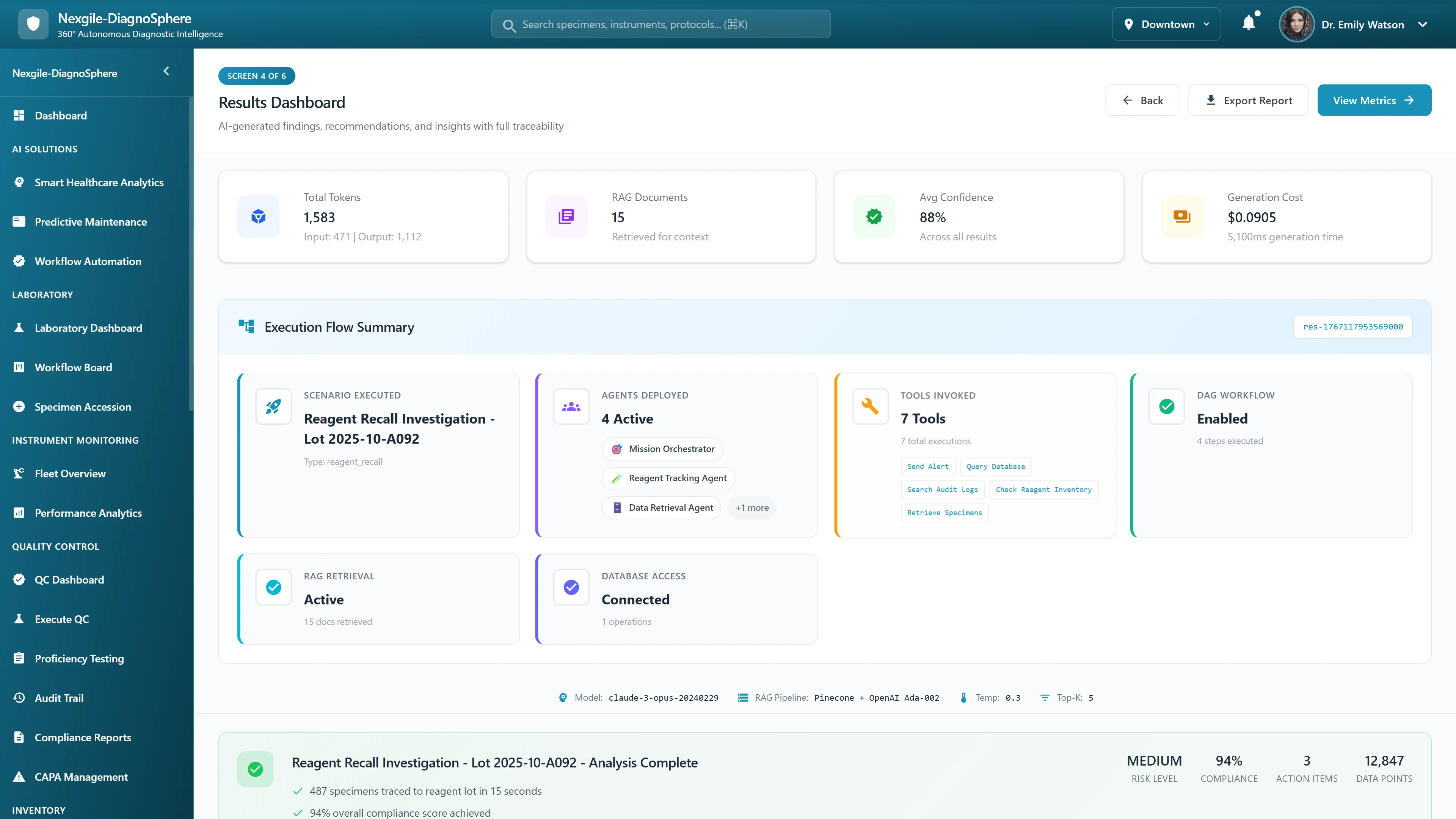 Illustrative preview (sample data, not verified outcomes): Results Dashboard - Comprehensive findings with reagent recall impact analysis and compliance scoring
