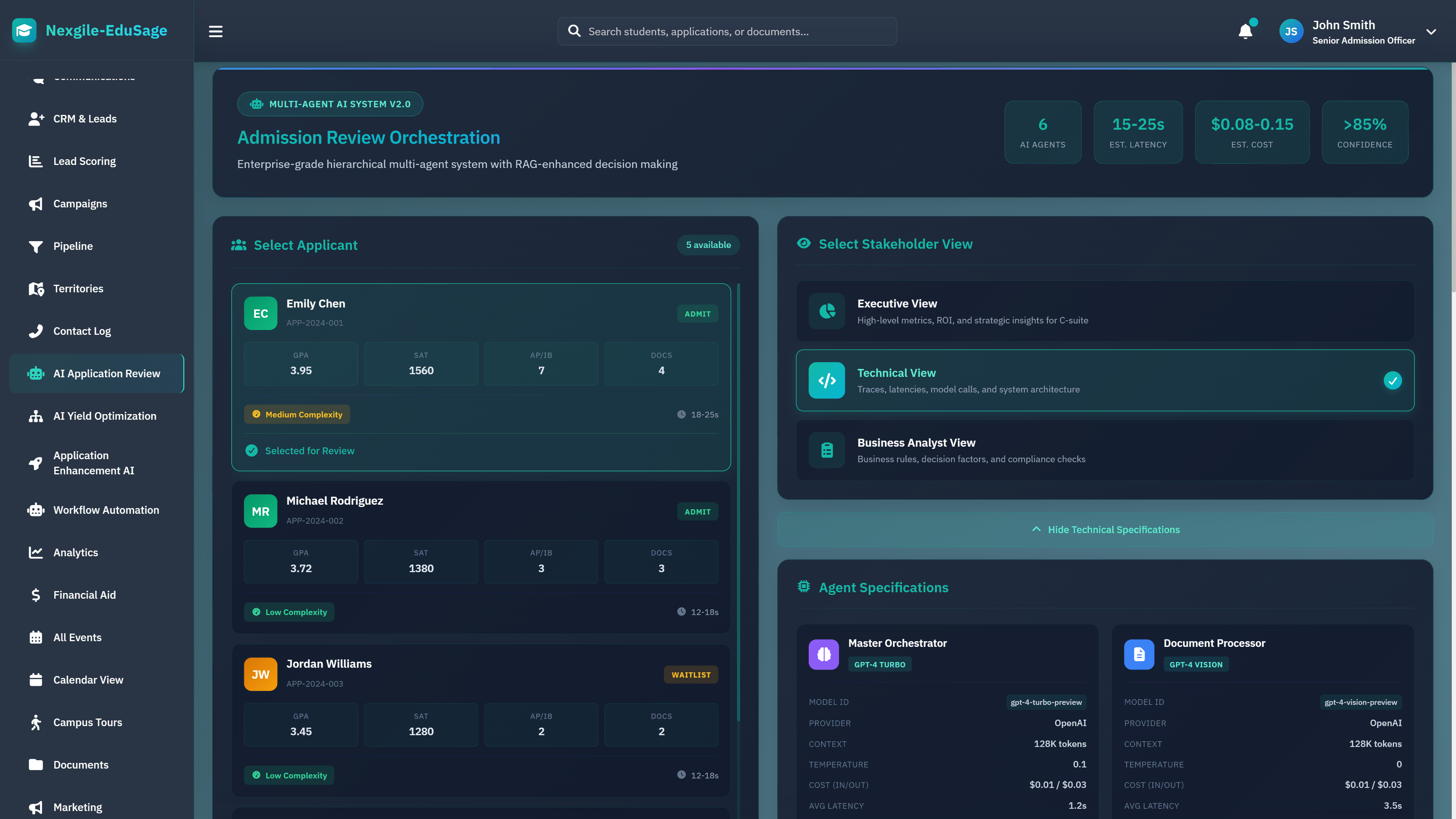 Illustrative preview (sample data, not verified outcomes): Admission Review Setup - Applicant selection and agent configuration