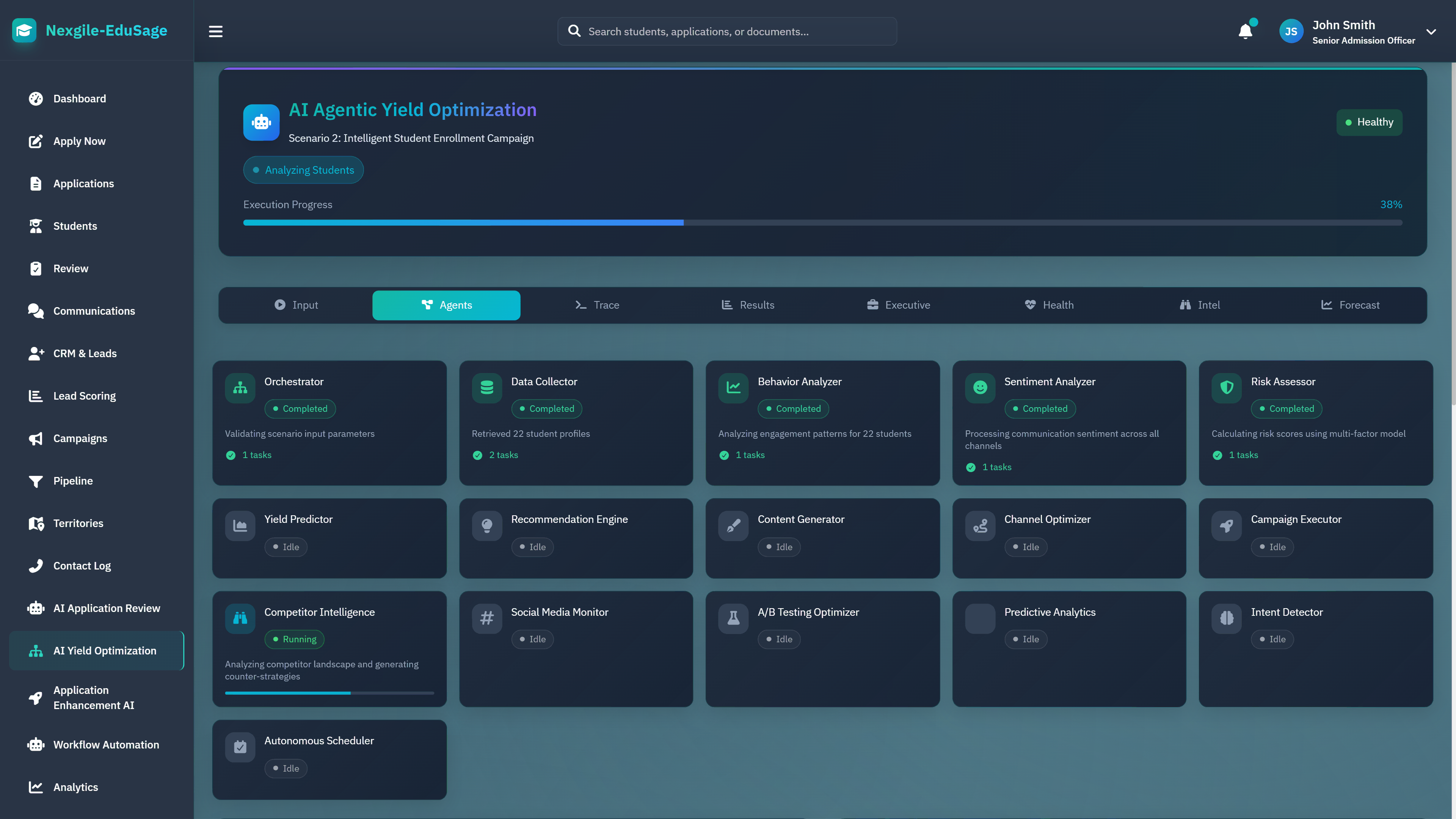 Illustrative preview (sample data, not verified outcomes): Agent Execution Pipeline - Multi-agent processing status