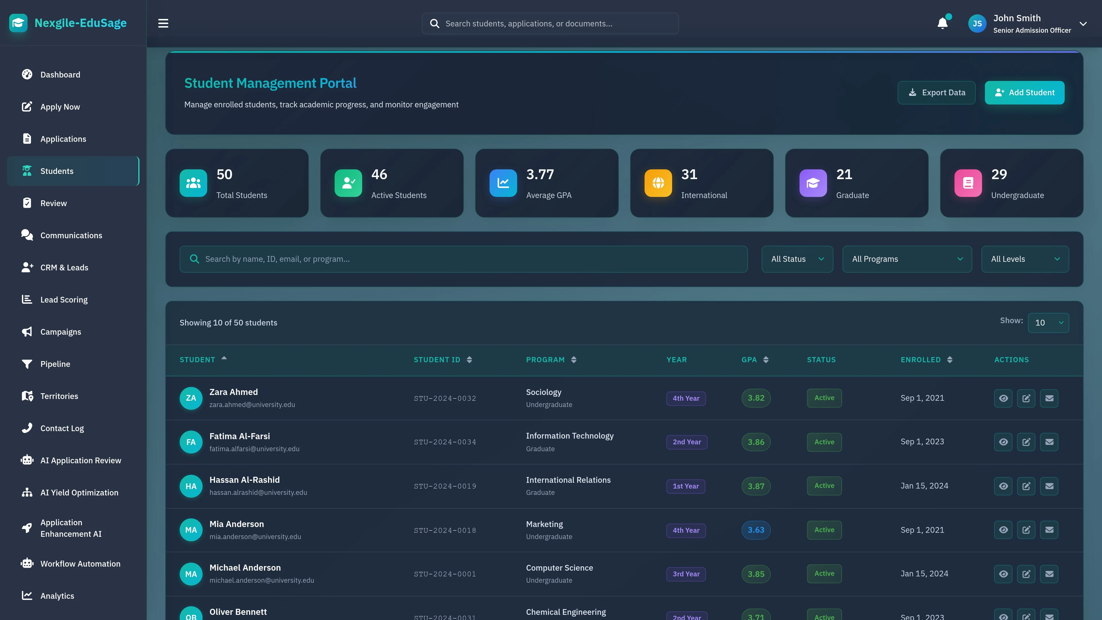 Illustrative preview (sample data, not verified outcomes): Nexgile-EduSage Gateway - Student Portal Dashboard