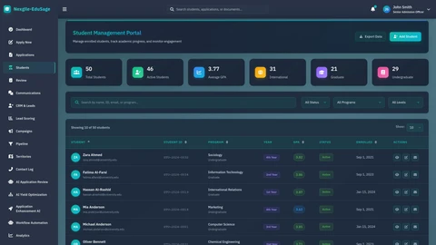 Illustrative preview (sample data, not verified outcomes): Nexgile-EduSage Gateway - Student Portal Dashboard