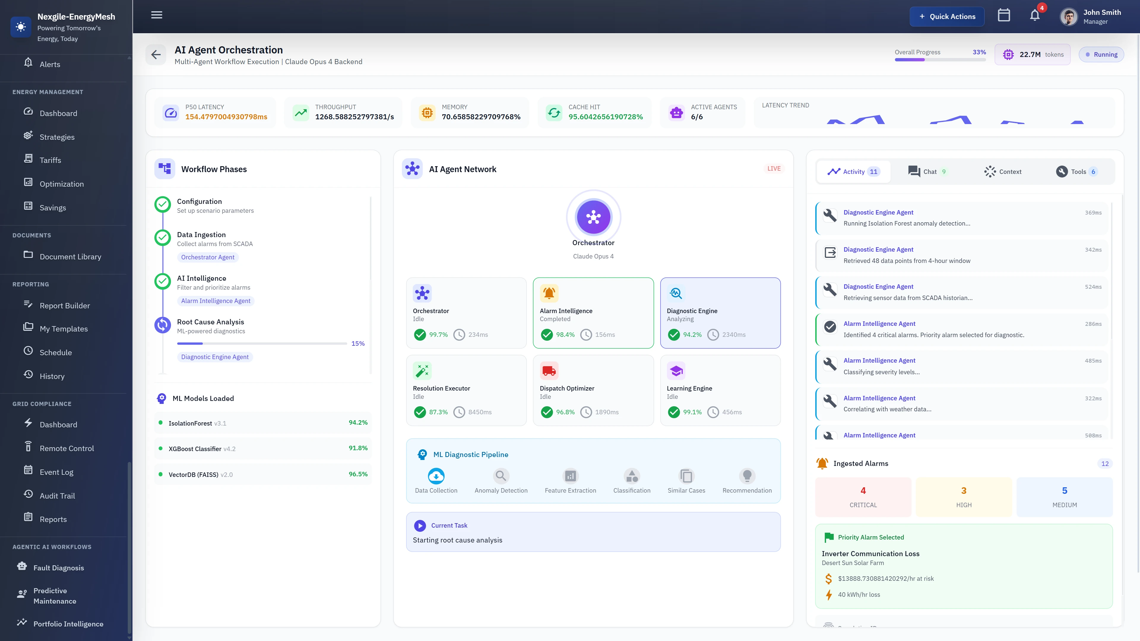Illustrative preview (sample data, not verified outcomes): AI Agent Orchestration - Real-time multi-agent workflow execution showing live diagnostic processing and ML pipeline