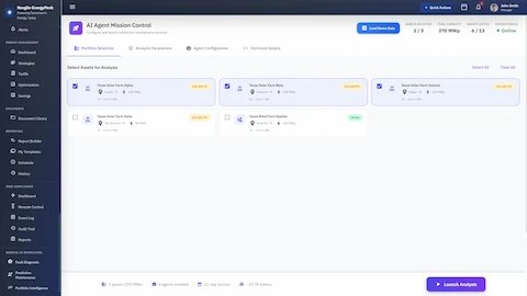 Illustrative preview (sample data, not verified outcomes): Mission Control - Portfolio selection and analysis configuration for predictive maintenance across solar and wind assets