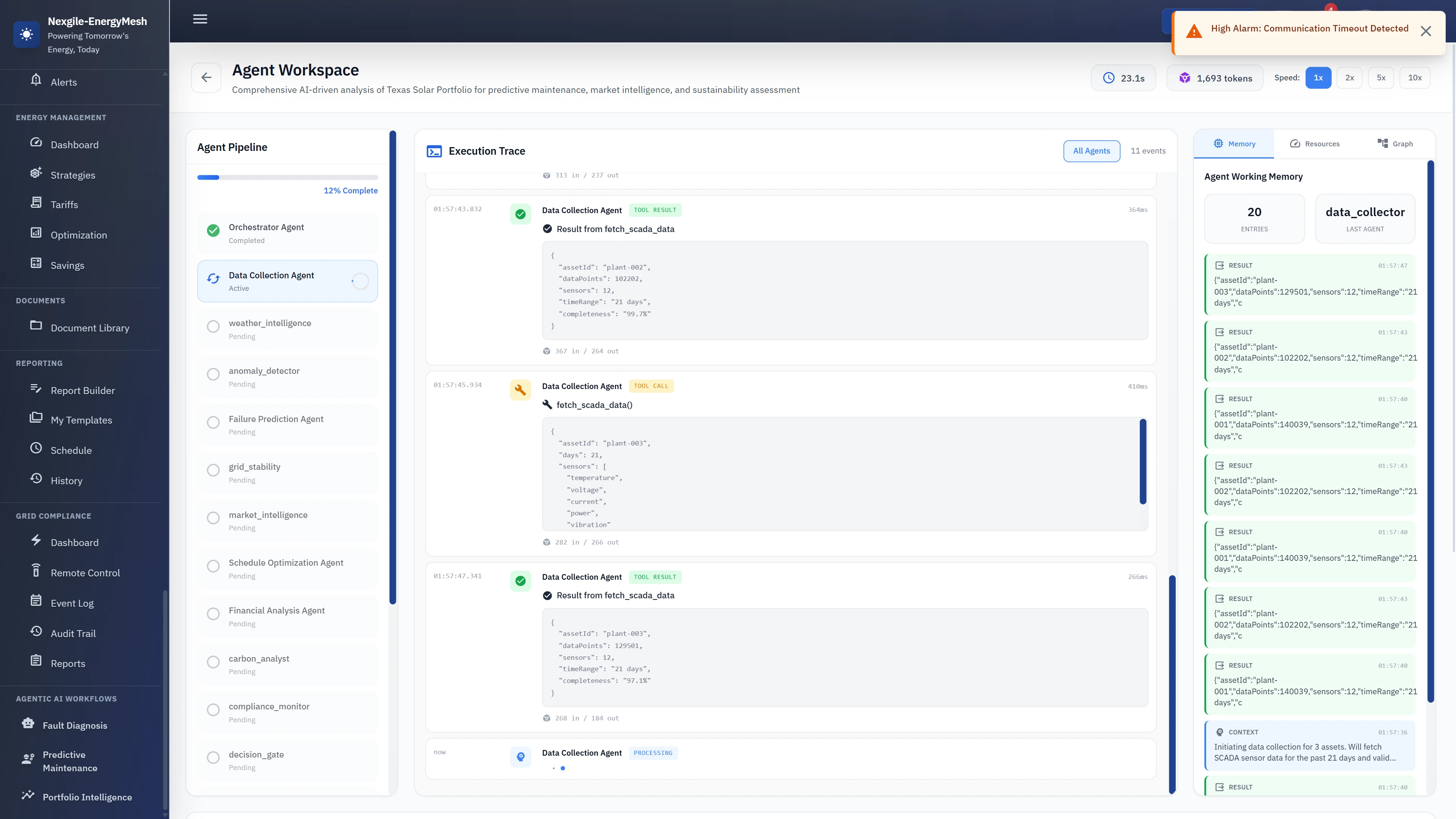Illustrative preview (sample data, not verified outcomes): Agent Workspace - Live multi-agent execution with data collection pipeline and real-time processing insights