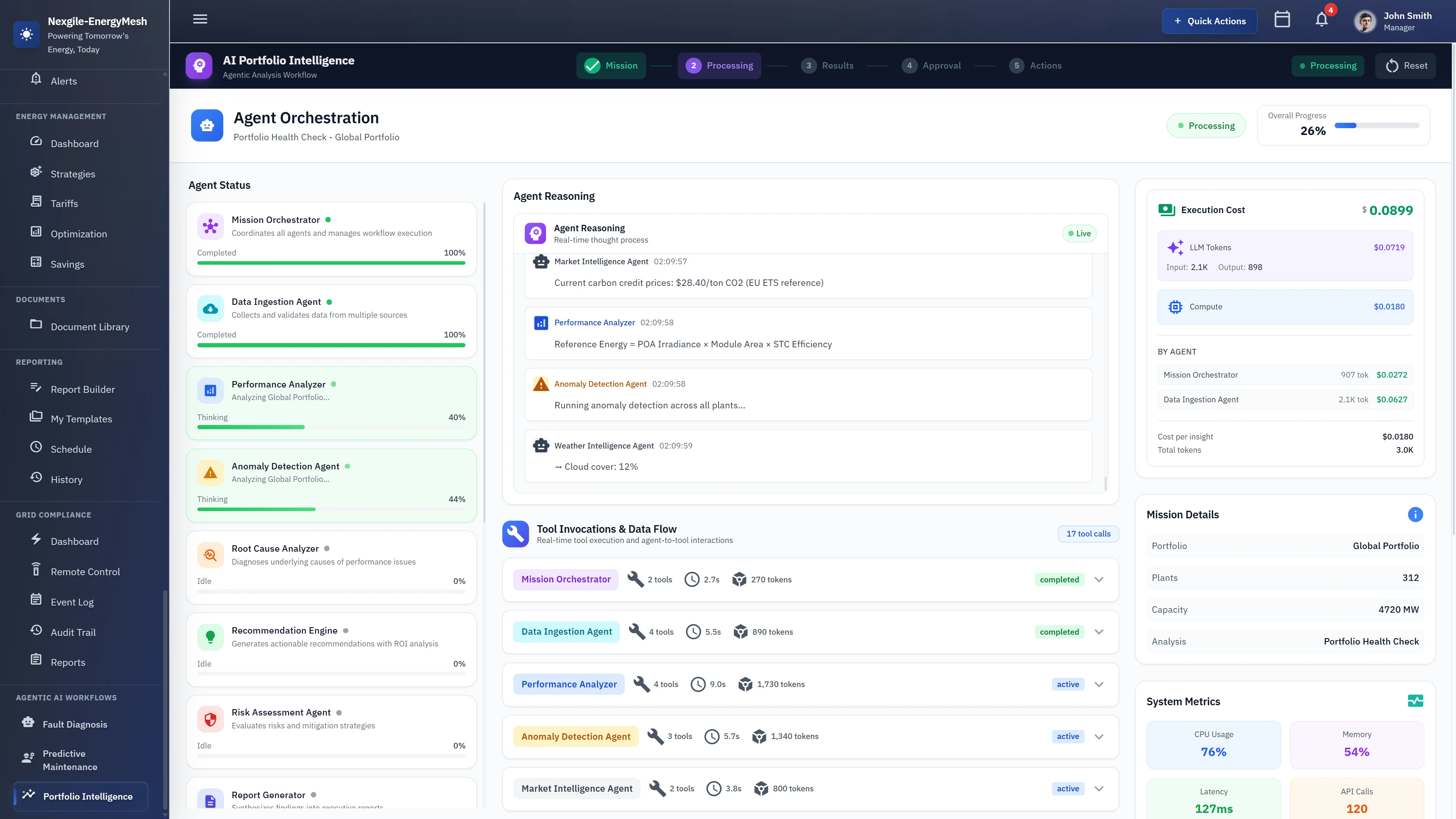 Illustrative preview (sample data, not verified outcomes): Agent Orchestration - Real-time portfolio health analysis with 14-agent coordination and live reasoning stream