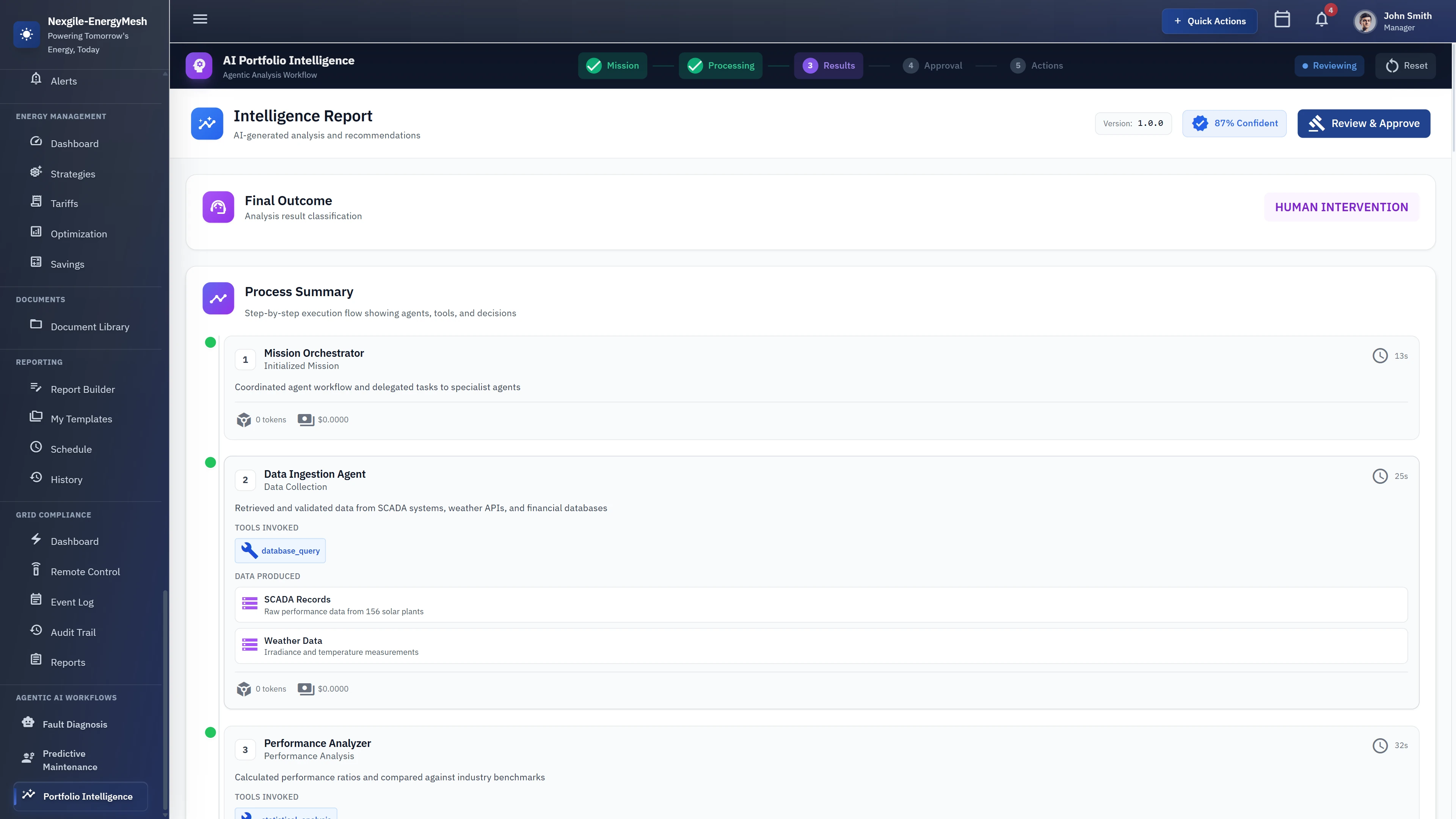 Illustrative preview (sample data, not verified outcomes): Intelligence Report - Process summary showing step-by-step agent execution flow with tools and data lineage