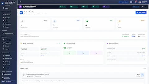 Illustrative preview (sample data, not verified outcomes): Action Tracker - Implementation monitoring with $1.6M/yr expected impact, ESG scoring, and regulatory compliance tracking