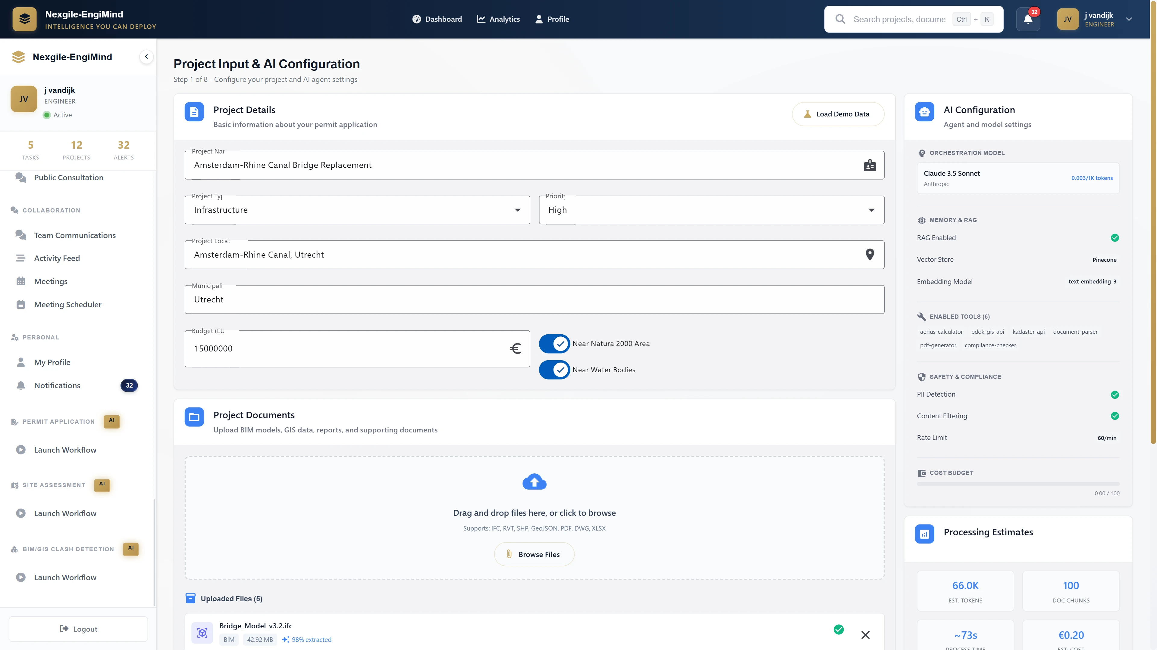 Illustrative preview (sample data, not verified outcomes): Project Input & AI Configuration screen with document upload, agent settings, and processing estimates for permit applications