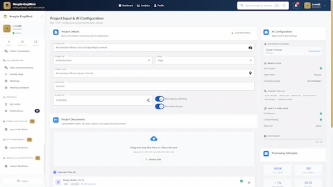 Illustrative preview (sample data, not verified outcomes): Project Input & AI Configuration screen with document upload, agent settings, and processing estimates for permit applications