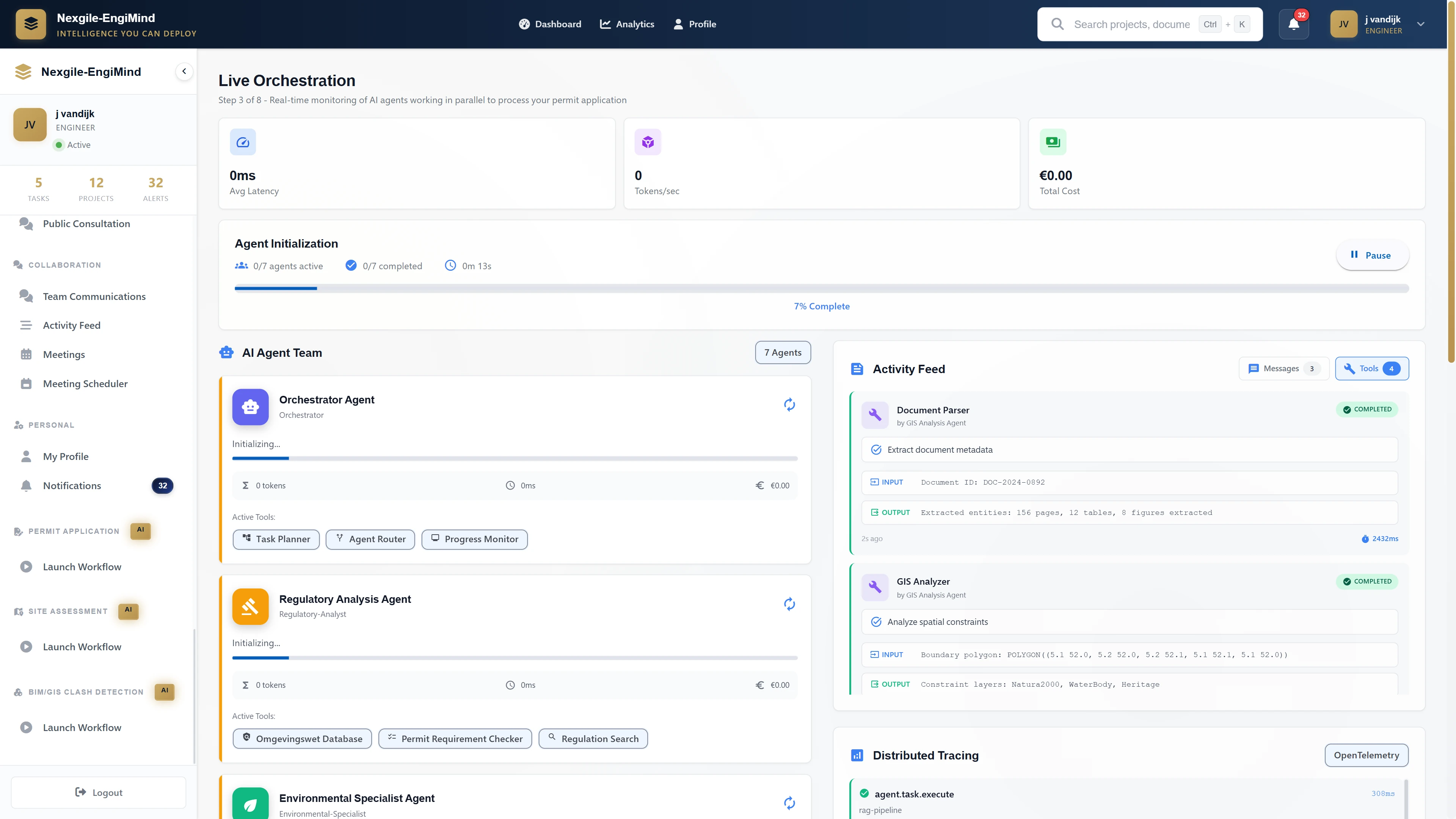 Illustrative preview (sample data, not verified outcomes): Live Orchestration dashboard showing 7 AI agents working in parallel with real-time task monitoring and distributed tracing