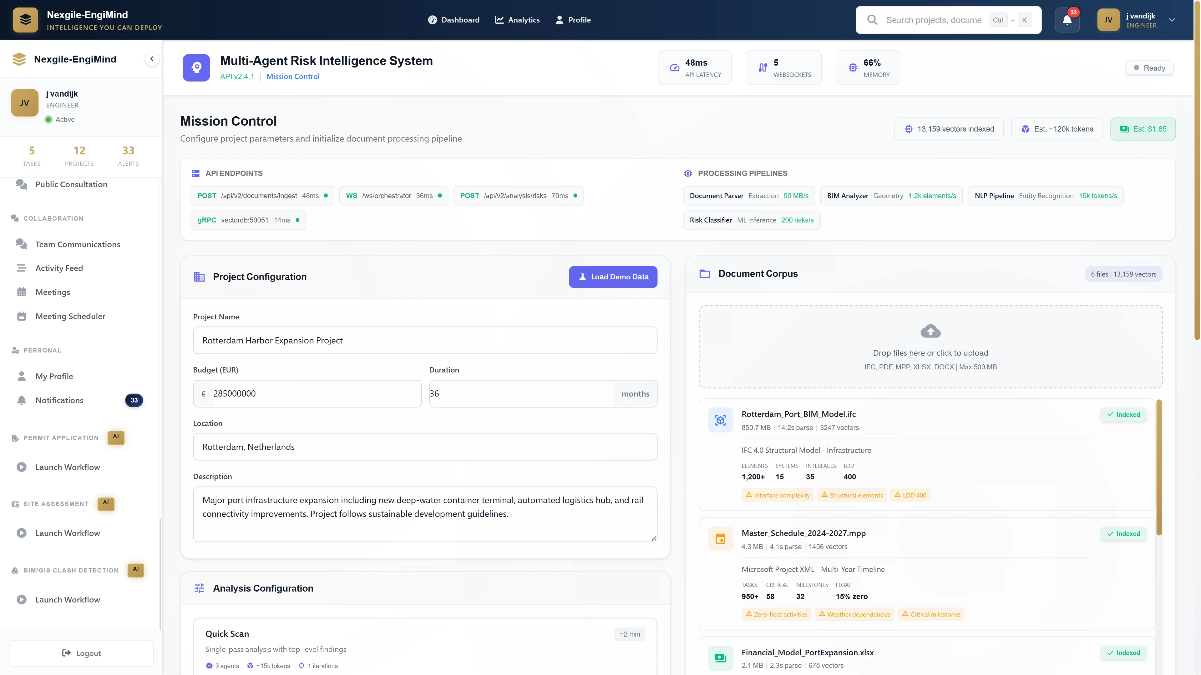 Illustrative preview (sample data, not verified outcomes): Mission Control for project configuration and multi-document ingestion with real-time extraction metrics for comprehensive risk analysis