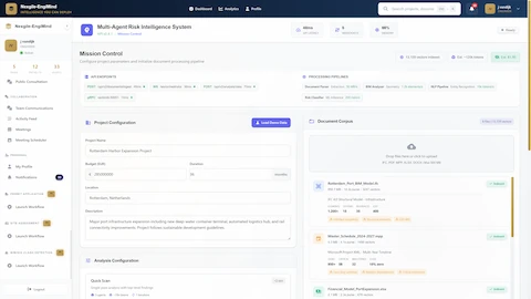 Illustrative preview (sample data, not verified outcomes): Mission Control for project configuration and multi-document ingestion with real-time extraction metrics for comprehensive risk analysis