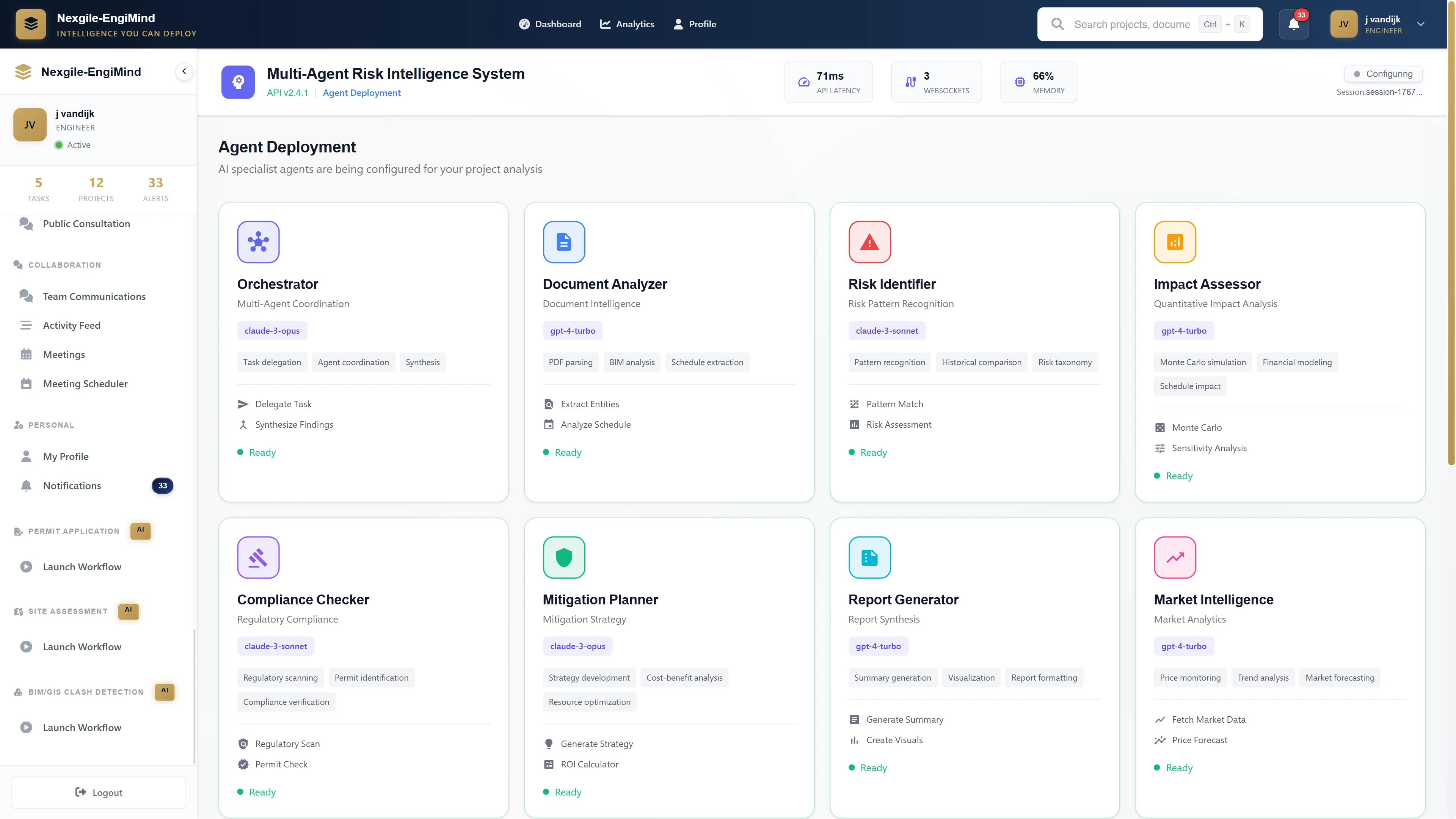 Illustrative preview (sample data, not verified outcomes): Agent Deployment showing 8 specialized AI agents for technical, financial, regulatory, environmental, schedule, and operational risk assessment